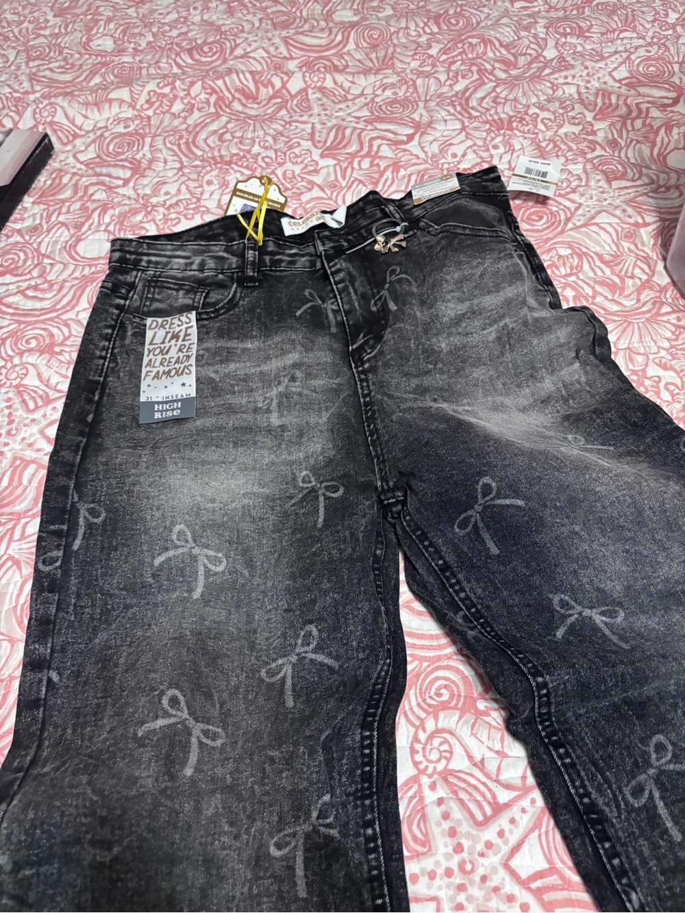High-Rise Black Washed women Jeans with Subtle Bow Print